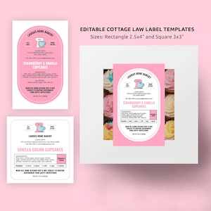 May include: Three pink and white cottage food label templates for strawberry and vanilla cupcakes and vanilla cream cupcakes. The labels feature a pink background with a white border and a cartoon image of a mixer. The text on the labels includes the name of the bakery, the ingredients, and a statement that the product is made in a home kitchen that is not subject to routine government food safety inspections.