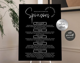 Event Sponsors Sign Template Faux Silver Effect: Navy Blue Black White Event Signage Design Instant Download