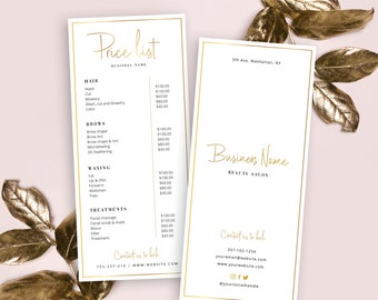 Plantilla de lista de precios de oro falso, lista de precios editable de belleza, diseño de lista de precios de lujo, plantilla de lista de precios imprimible para salón, guía de precios, GF-01