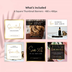 Pu&ograve; includere: Sei modelli di banner quadrati per i social media con accenti dorati. I banner presentano testo come "Essentials Collection", "New Extra Shine Hair Mask", "New Glowing Skin Serum", "Gold Collection Favorites", "Save 50% on All Skin Care" e "New Arrivals Lasting Radiance Collection".