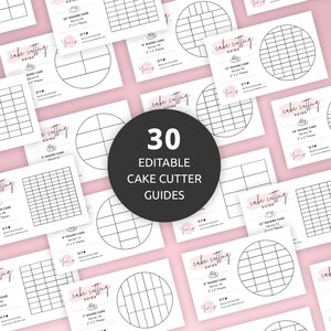 May include: A set of 30 printable cake cutting guides in black and white on a pink background. The guides are for different sizes of round and square cakes, with lines indicating where to cut the cake for serving.