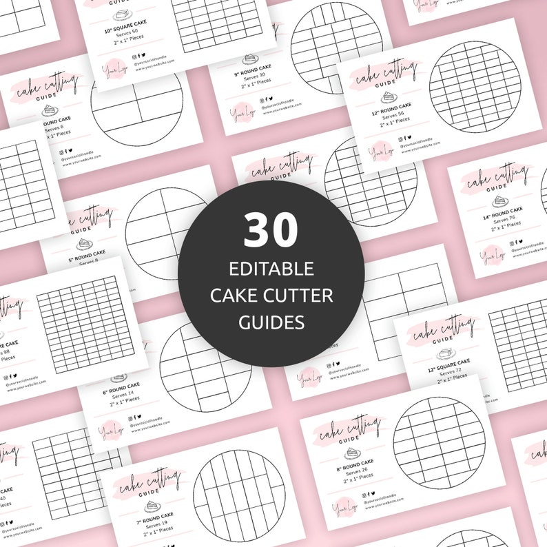 May include: A set of 30 printable cake cutting guides in black and white on a pink background. The guides are for different sizes of round and square cakes, with lines indicating where to cut the cake for serving.