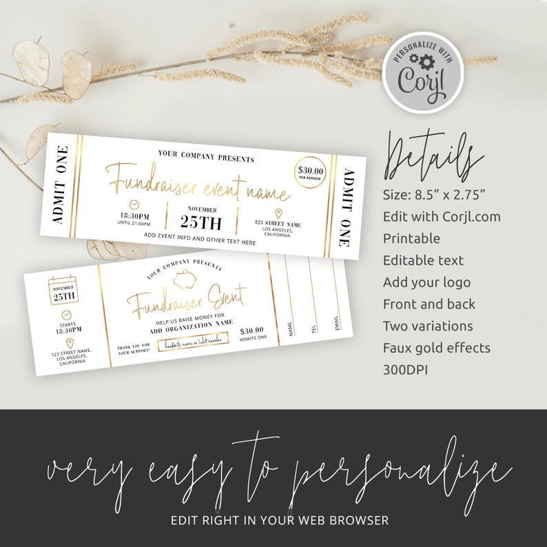Fundraiser Event Ticket Template, Faux Gold Charity Raffle Ticket With ...