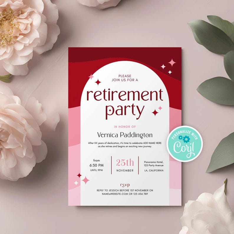 Retirement Party Invitation Template, Feminine Farewell Dinner Invite ...