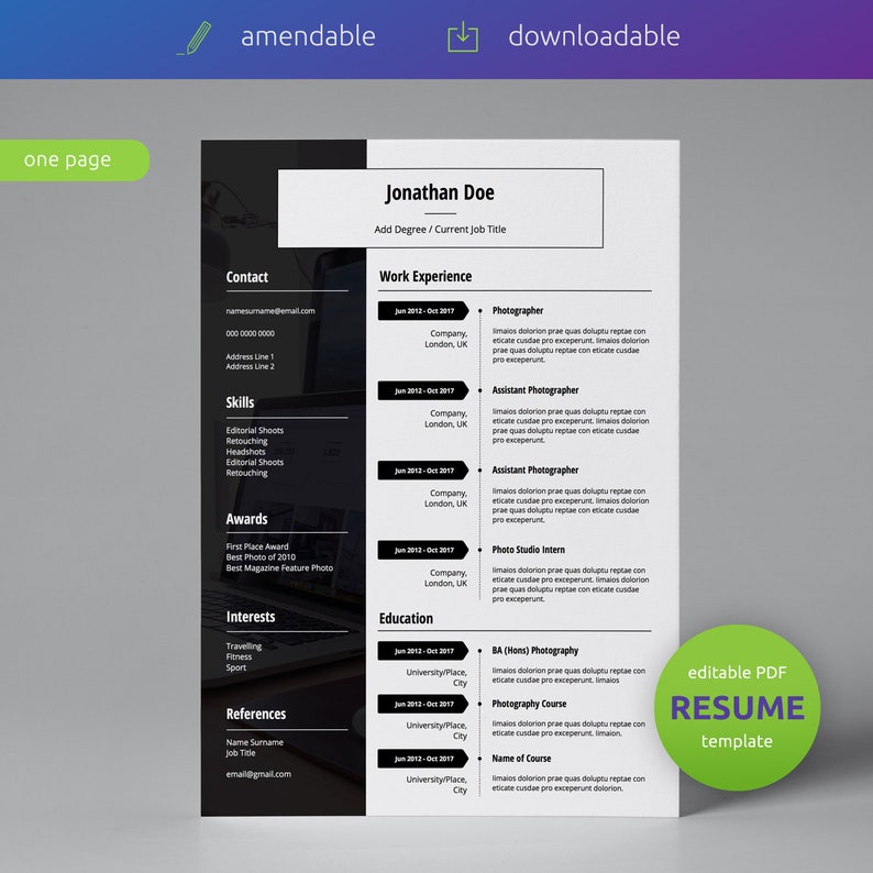Single Page CV Resume Resume Template Curriculum Vitae Business Resume Template DIY Resume Modern Resume Template CV Template