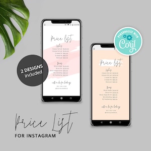 May include: Two phone screen mockups with a pink and peach background. The text "Price List" is at the top of each screen. The text "Lashes" and "Brows" are listed with prices for different services. The text "Call or DM for bookings" is at the bottom of each screen.