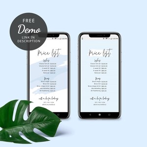 May include: A blue and white phone screen displaying a price list for lash and brow services. The list includes prices for classic and volume lash sets, fills, and removal, as well as brow shaping, tinting, microblading, and 3D feathering. The phone screen also includes a call to action for booking appointments.