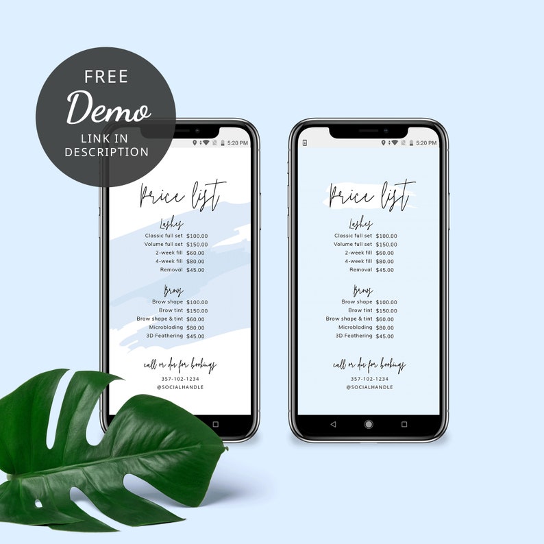 May include: A blue and white phone screen displaying a price list for lash and brow services. The list includes prices for classic and volume lash sets, fills, and removal, as well as brow shaping, tinting, microblading, and 3D feathering. The phone screen also includes a call to action for booking appointments.