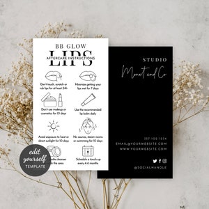 Modèle BB Glow Lips Aftercare, guide d'entretien du blush des lèvres modifiable, rouge à lèvres semi-permanent, cartes de soins d'artiste PMU minimalistes, M-002