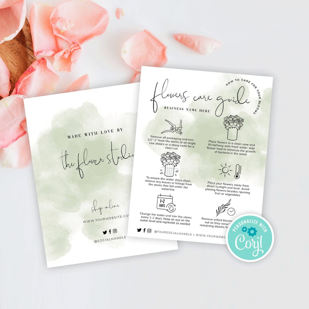 Cut Flowers Care Card Template, Editable Florist Bouquet Care Guide