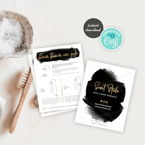 Shower Steamer Care Guide Template, Editable Shower Fizzer Care Cards, Black &amp; Gold Shower Bomb ...