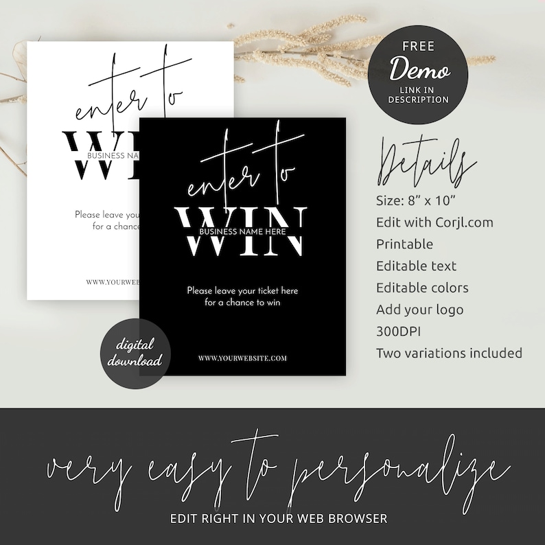 Feature Win Sign Editable Raffle Sign Template, Minimalist Enter to Win 8x10