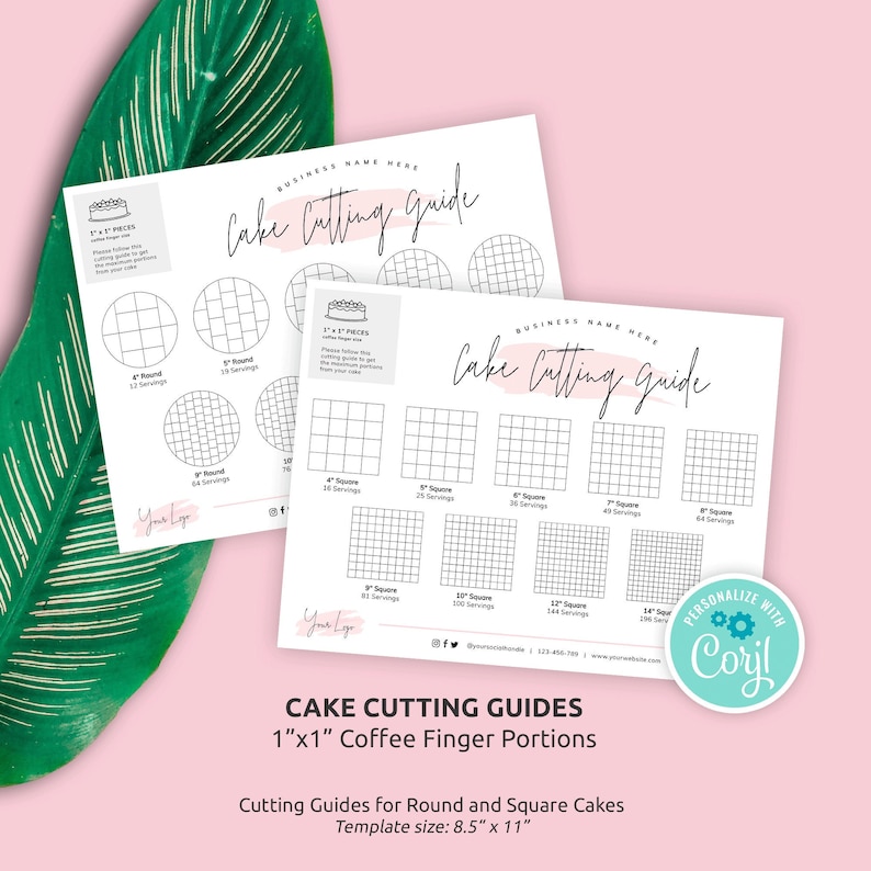 Cake Cutting Guides 1x1" Portion, Printable Round & Square Cakes Cutting Instructions, Finger Serving Cake Cutting Diagram Template, PW-001 image 1