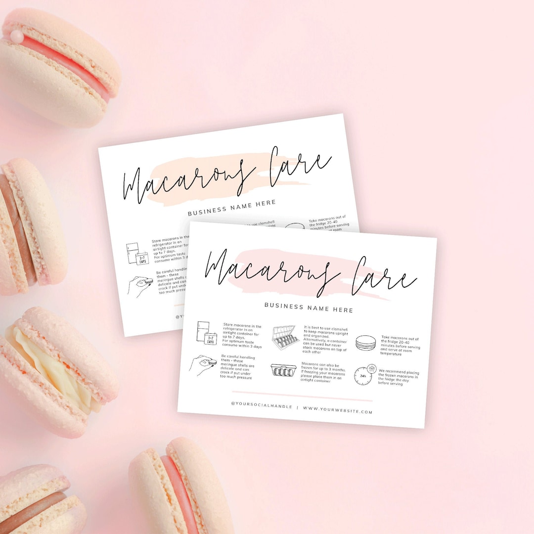 Macarons Care Card Template, Editable Macaron Care Guide