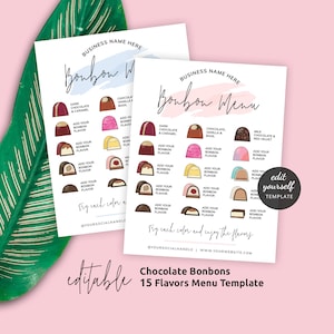 15 Bonbon Flavors Menu Template, Custom Chocolates Flavors Sign, Printable 8x10" & 5.5x4.25" Choc Candy Flavour Guide, Bakery Sign PW-001