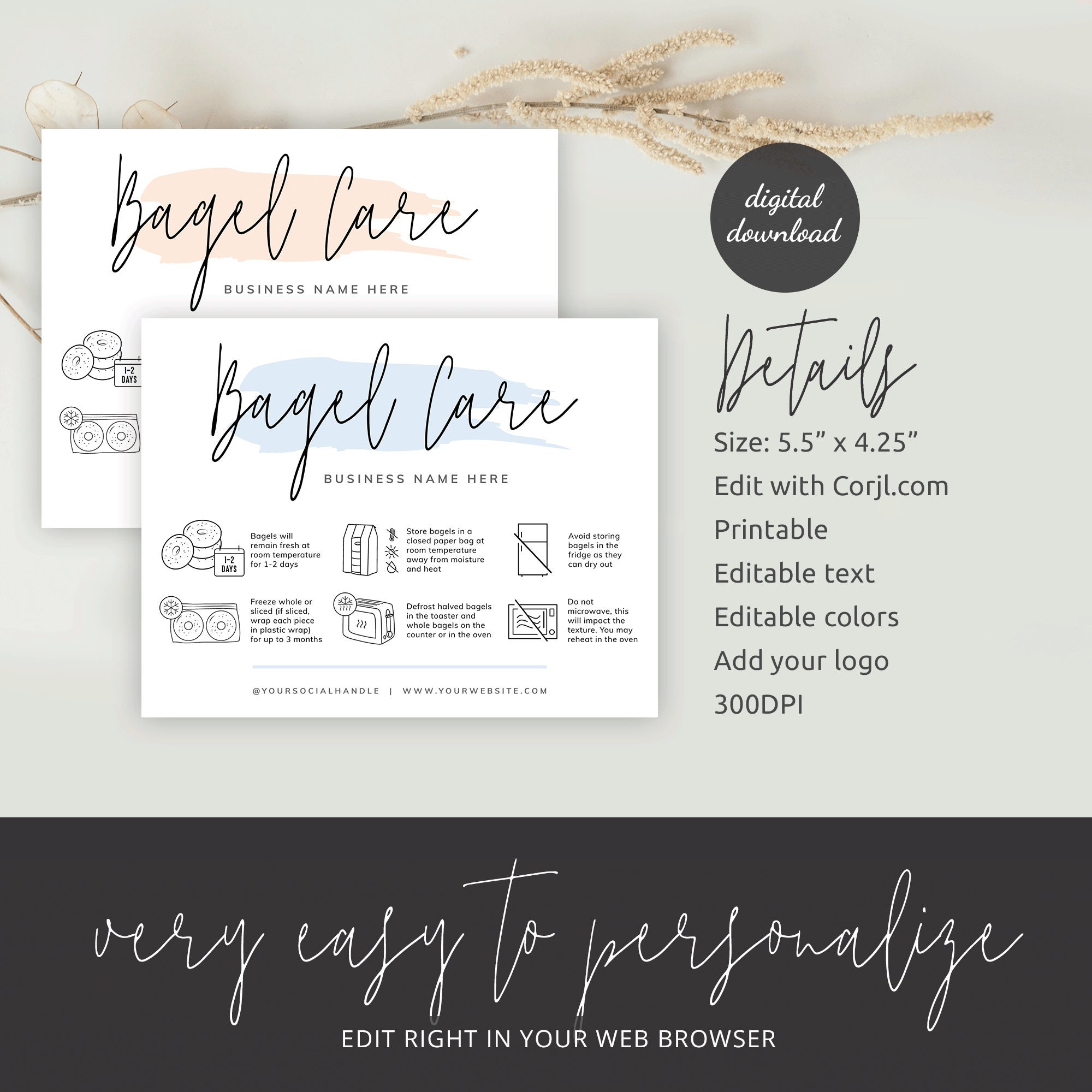 Bagel Care Card Template, Custom Bread Roll Storage Instructions Guide ...
