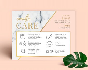 May include: Candle care instructions on a pink and white marble background. The instructions include tips on how to trim the wick, how long to burn the candle, and how to keep it safe. The text includes the words "candle care" and "scents by Michelle".