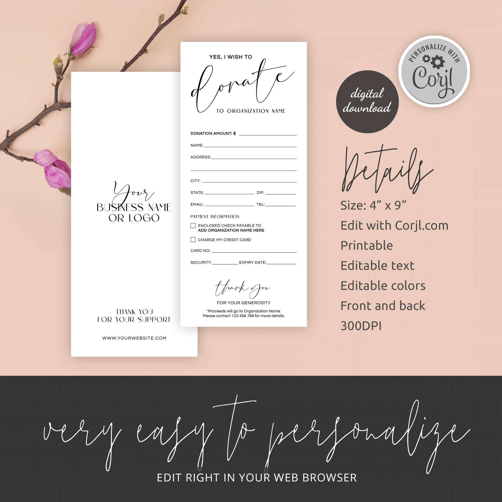 Minimal Donation Card Template, Customizable Donor Form 4