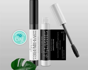 May include: Two black and white labeled bottles of mascara. The larger bottle is labeled "Volume Lash Waterproof Mascara" and the smaller bottle is labeled "Extra Long Lashes Waterproof Mascara". Both bottles have a black and white label with the text "Business Name Here".
