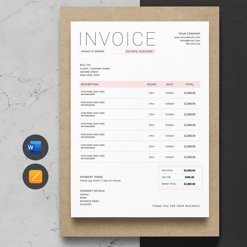 May include: A minimalist invoice template with a pink header and a white background. The invoice includes a description, hours, rate, and total for each item. The invoice also includes payment terms and payment details.