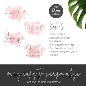 Pu&ograve; includere: Quattro modelli di logo ad acquerello rosa per un'azienda di bellezza. I loghi presentano il testo "Jennifer Cosmetics", "Jennifer Esthetics", "Jullie's Beauty Bar" e "Beauty by Jennifer". Il testo &egrave; in un font scritto a mano. I loghi sono di 5000 x 3000 pixel e possono essere modificati con Corjl.com. I loghi sono disponibili nei formati JPEG, PNG e PDF.