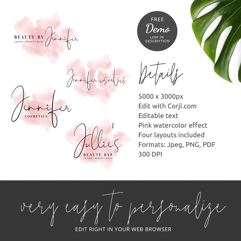 Pu&ograve; includere: Quattro modelli di logo ad acquerello rosa per un'azienda di bellezza. I loghi presentano il testo "Jennifer Cosmetics", "Jennifer Esthetics", "Jullie's Beauty Bar" e "Beauty by Jennifer". Il testo &egrave; in un font scritto a mano. I loghi sono di 5000 x 3000 pixel e possono essere modificati con Corjl.com. I loghi sono disponibili nei formati JPEG, PNG e PDF.