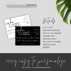 May include: Two black and white printable cake cards with the text "cake care enjoy your cake" and a list of cake flavors and sizes. The cards are 5.5 inches by 4.25 inches and can be edited using Corjl.com.