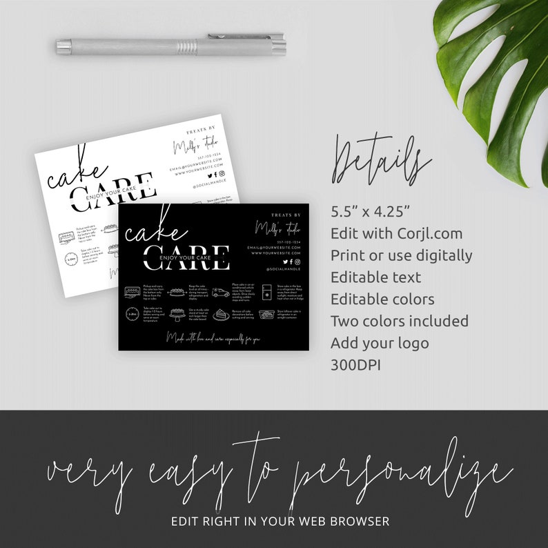 May include: Two black and white printable cake cards with the text "cake care enjoy your cake" and a list of cake flavors and sizes. The cards are 5.5 inches by 4.25 inches and can be edited using Corjl.com.