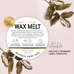 May include: A white round label with black text that reads "warning WAX MELT" and includes safety instructions for using wax melts. The label also includes the text "VANILLA MIST 8 OZ | 220g" and "BUSINESS NAME HERE".