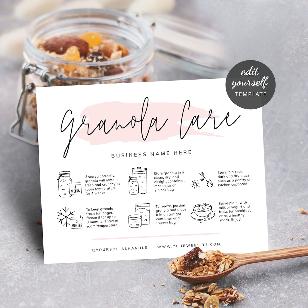 Granola Care Card Template, Custom Sourdough Granola Storage ...
