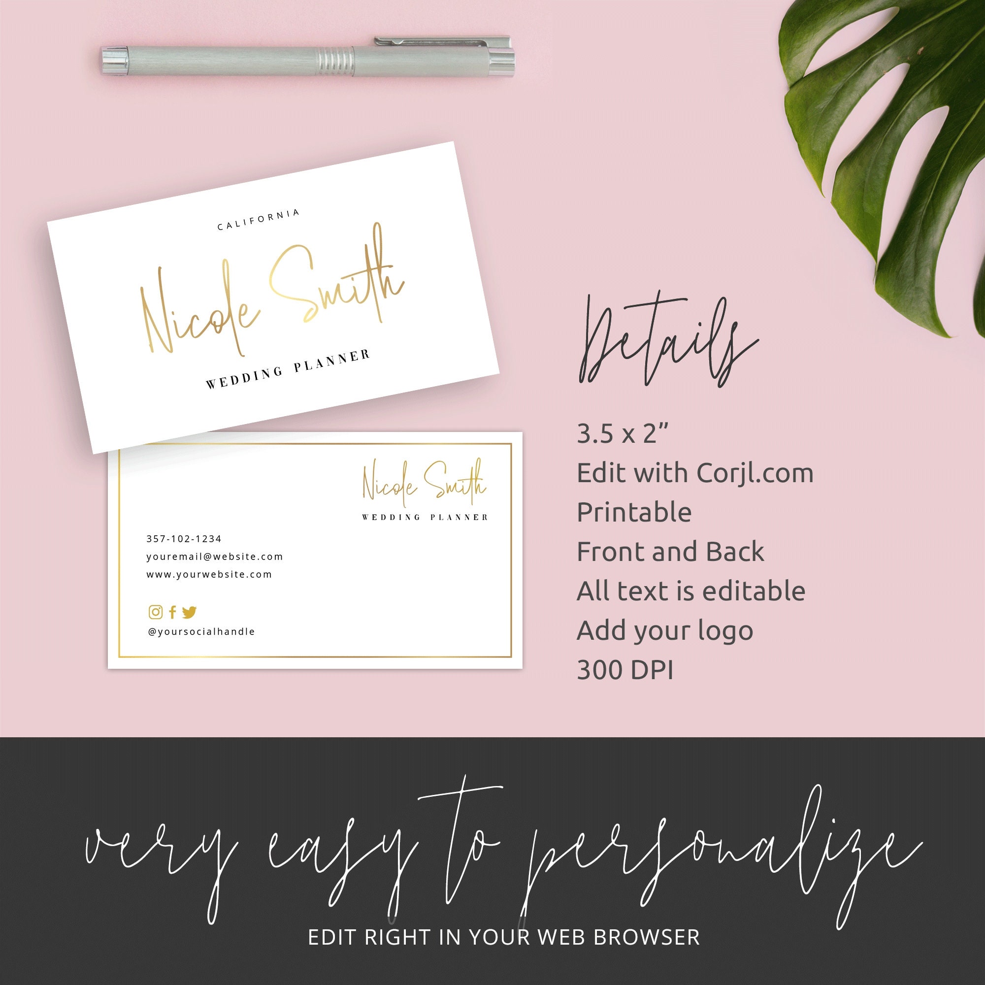 Faux Gold Business Card Template, DIY Business Cards, Printable Business  Cards, Company Cards Design, Wedding Planner Business Card, GF-01 