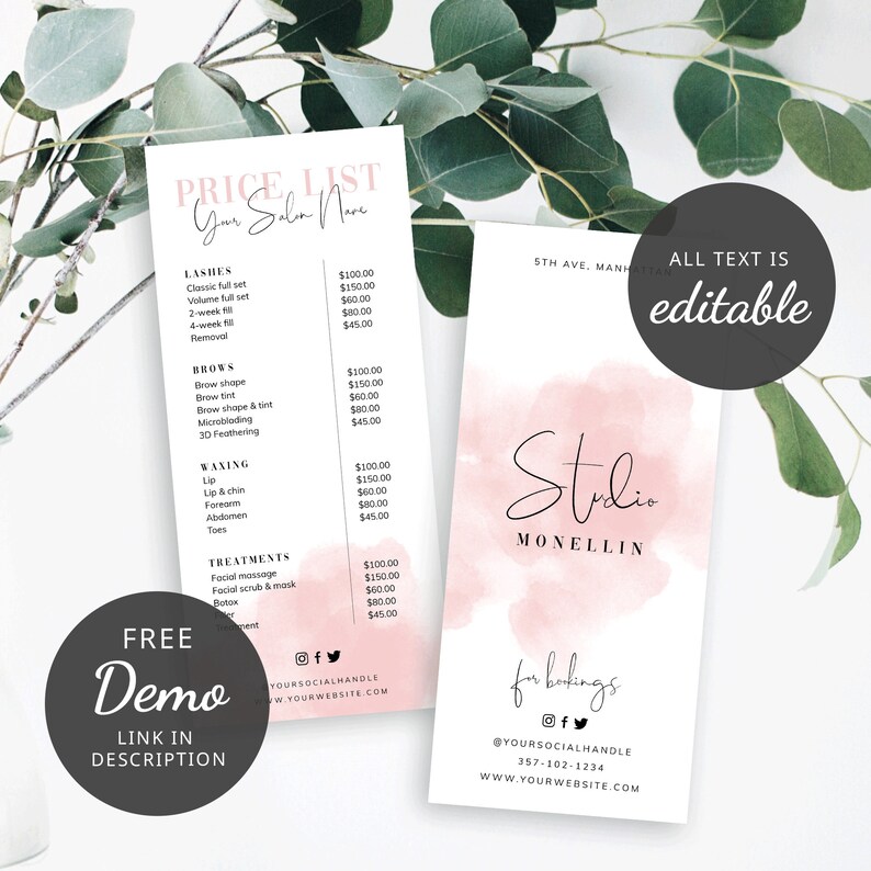 DIY price list template with blush pink  watercolor background and elegant script font. This business pricing menu includes front and back templates and is a rack card size. The font is for your beauty services pricing and the back for your logo
