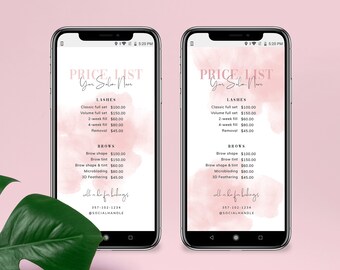 Plantilla de lista de precios de Instagram DIY, lista de precios editable, lista de precios de salón de belleza, lista de precios de redes sociales en acuarela, menú de historias de Instagram, WS01