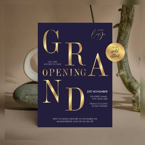 Sjabloon voor marineblauwe en gouden Grand Opening, aangepaste uitnodiging voor het lanceren van een nieuw bedrijf, uitnodiging voor bedrijfsevenement gouden typografieontwerp, afdrukbaar