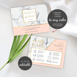 May include: A pink and gold business card with a marble background. The card has the text "SCENTS by Michelle" and contact information. The card also has a section with the text "wax melts CARE" and instructions on how to use wax melts.