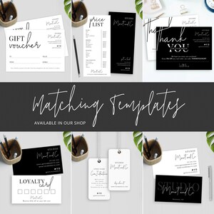 May include: A set of black and white printable templates for a beauty salon or spa business. The templates include a gift voucher, price list, thank you card, loyalty card, and hang tags. The text on the templates includes "Studio Mont and Co", "Gift Voucher", "Price List", "Thank You", "Loyalty Card", and "Item Name/Care Instructions".