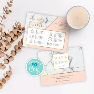 May include: A pink and white marble background with a gold border. The text "SCENTS by Michelle" is in gold lettering. The text "357-102-1234 | EMAIL@YOURWEBSITE.COM | WWW.YOURWEBSITE.COM | f @SOCIALHANDLE" is in black lettering. A teal blue circle with the text "PERSONALIZE WITH Coril" in white lettering is in the bottom left corner.