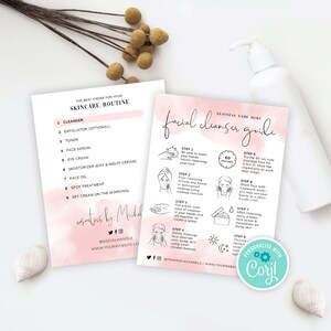 May include: A pink and white watercolor background with a skincare routine checklist and a facial cleanser guide. The checklist includes steps like cleanser, exfoliator, toner, face serum, eye cream, moisturizer, face oil, spot treatment, and SPF cream. The guide includes steps for cleansing, toning, and moisturizing. The text includes the phrase "Personalized with Coril".