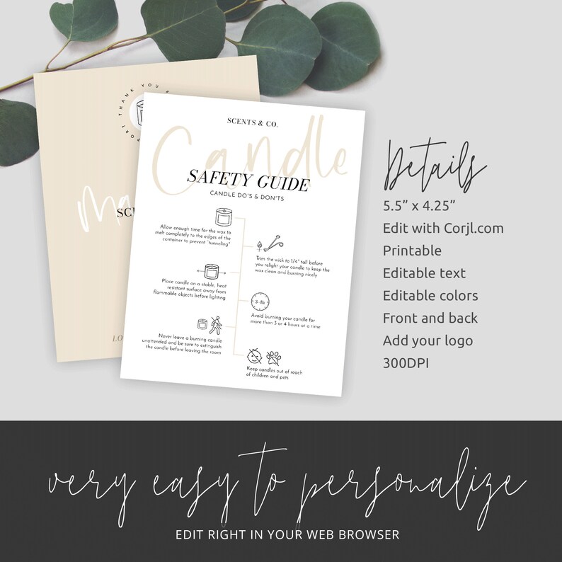 Candle Safety Instructions Card Template Editable Candle Care Etsy