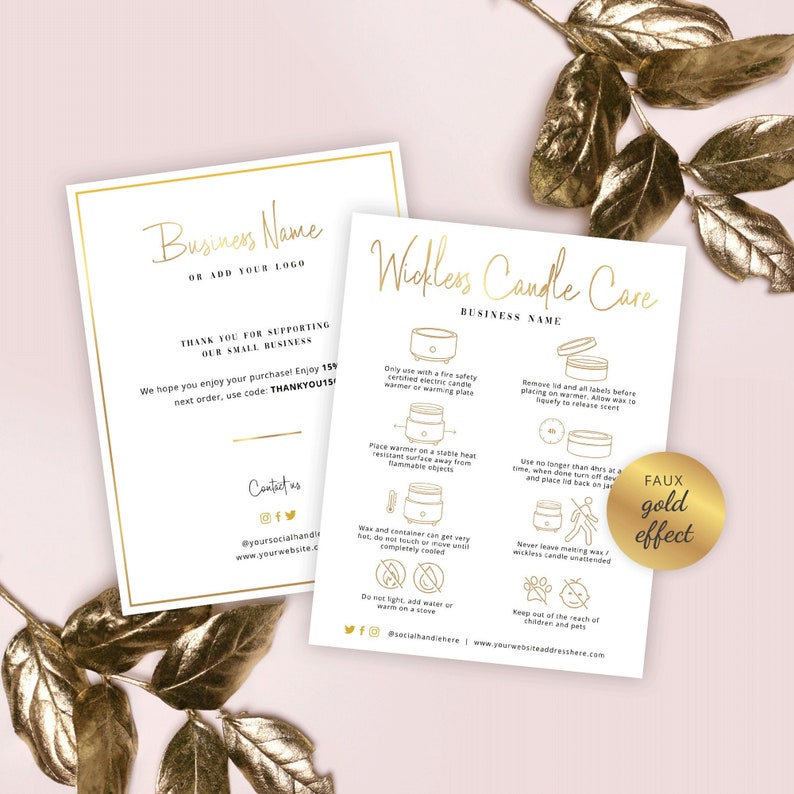 Editable Wickless Candle Care Card, Faux Gold Effect No Wick Melt Care Instructions Template, Printable No Flame Candle Safety Guide, GF-01 image 1