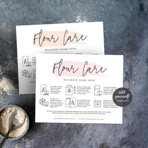 May include: A printable guide with tips on how to store flour for optimal freshness. The guide includes illustrations of different storage methods, such as freezing, storing in airtight containers, and refrigerating. It also mentions the shelf life of flour depending on the storage method. The text includes the phrase "Flour Care" and "Edit Yourself Template".