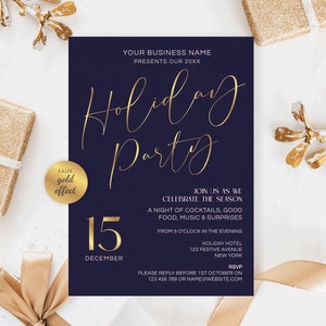 May include: A navy blue holiday party invitation with gold script text. The invitation includes the text "Holiday Party", date, time, and RSVP information. The words "faux gold effect" are also present.