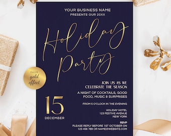 May include: A navy blue holiday party invitation with gold script text. The invitation includes the text "Holiday Party", date, time, and RSVP information. The words "faux gold effect" are also present.