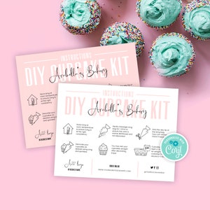 Modèle d'instructions de kit de cupcake, guide de kit de décoration de cupcake modifiable, note de boulangerie féminine, cartes de démonstration imprimables de glaçage à muffins, P01