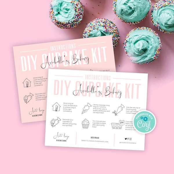 Cupcake Kit Instructions Template, Editable Cupcake Decorating Kit Guide, Feminine Bakery Note, Printable Muffin Icing How To Cards, P01