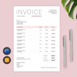 May include: A minimalist invoice template with a pink background. The invoice includes a description, hours, rate, and total for each item. The invoice also includes a subtotal, tax, and grand total. The invoice is for a company called "Your Company".