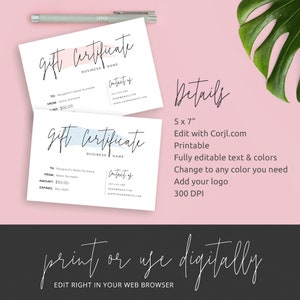 Gift Certificate Template, Editable Gift Card Template, Digital Gift Voucher Template, Feminine Shop Gift Card Template, Printable, PW-001 image 5