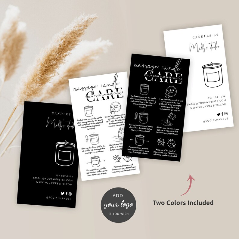 May include: Two black and white printable cards with instructions for using massage candles. The cards feature a candle illustration and the text "massage candle care" and "enjoy your massage candle".