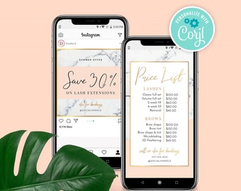 Plantilla de lista de precios de Instagram, lista de precios digital, plantillas de lista de precios de salones de belleza, lista de precios editable para redes sociales, menú de historias, MG01
