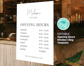 Opening Hours Sign Template, Minimalist Shop Window Decal Printable, Business Opening Times Poster 8.5x11" and 18x24", Instant Access, M-002